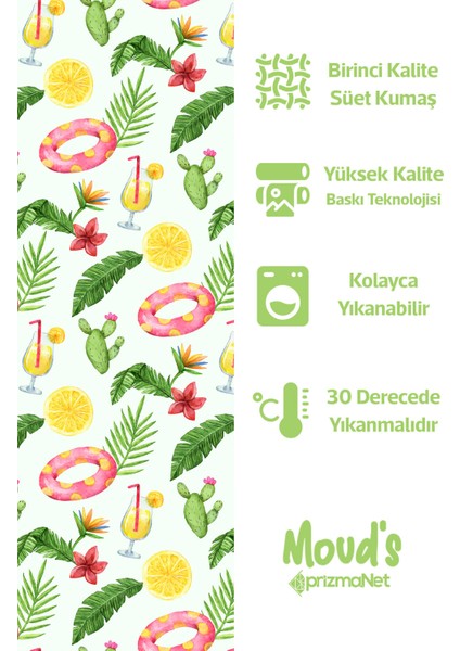 Yeşil Kaktüs ve Limonata Desenli Yuvarlak Süet Dertsiz Masa Örtüsü