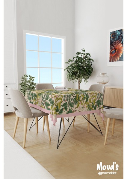 Koyu Yeşil Krem Dallar Desenli Süet Dertsiz Masa Örtüsü