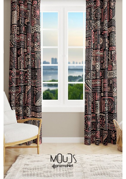 Hitit Figure 1 Desenli Süet Oturma Odası Salon Fon Perde Baskılı Ekstrafor Büzgü 2 Kanat PRD-1013