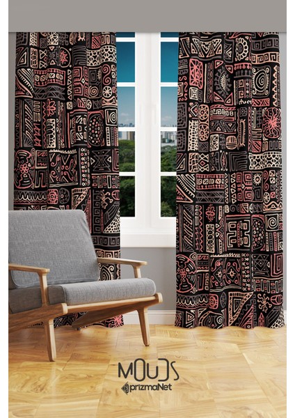 Hitit Figure 1 Desenli Süet Oturma Odası Salon Fon Perde Baskılı Ekstrafor Büzgü 2 Kanat PRD-1013