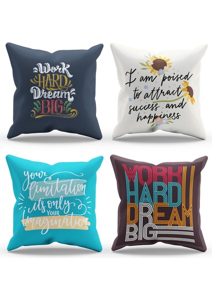 Çift Tarafı Baskılı Motivation Type Desenli 4'lü Kombin Süet Kırlent Kılıfı