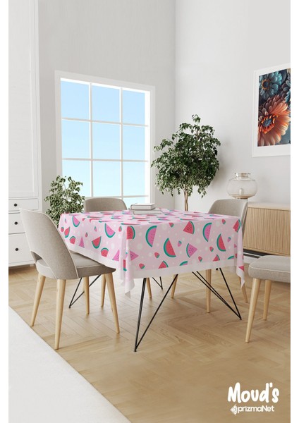 Pembe Karpuz ve Çilek Desenli Süet Dertsiz Masa Örtüsü