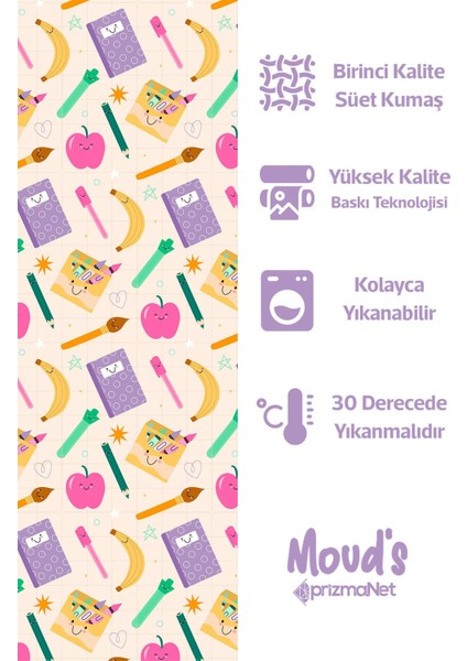 Krem Defter ve Kalem Desenli Yuvarlak Süet Dertsiz Masa Örtüsü