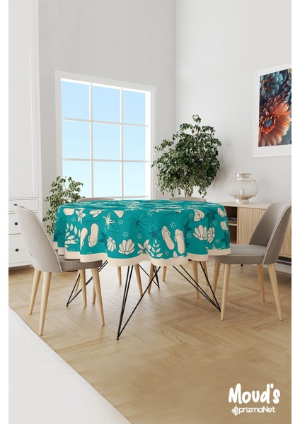 Mavi Palmiyeler Desenli Yuvarlak Süet Dertsiz Masa Örtüsü