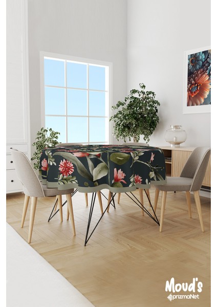 Koyu Yeşil Kırmızı Çiçek Desenli Yuvarlak Süet Dertsiz Masa Örtüsü