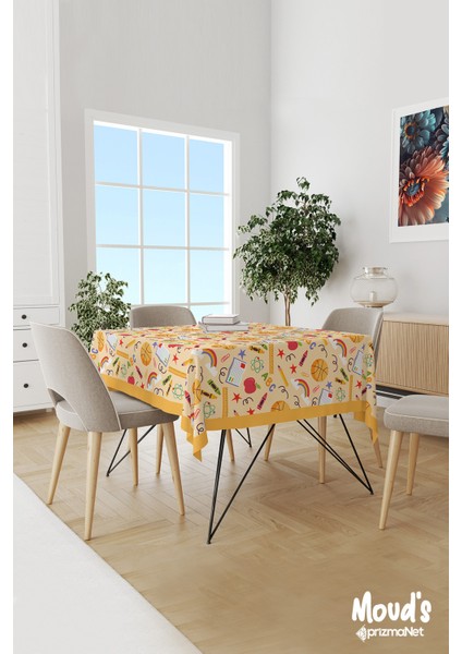 Sarı Kalem ve Basketbol Topu Desenli Süet Dertsiz Masa Örtüsü