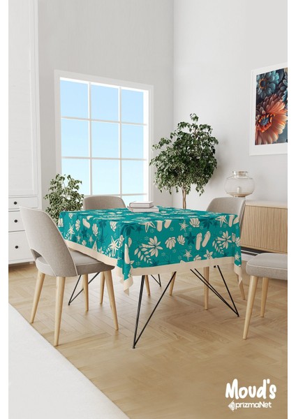 Mavi Palmiyeler Desenli Süet Dertsiz Masa Örtüsü