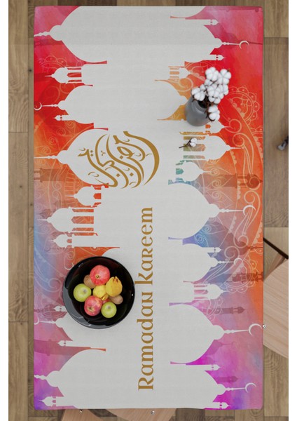 Turuncu Ramazan Kerim Desenli Süet Kumaş Dertsiz Masa Örtüsü Kare ve Dikdörtgen Ramadan
