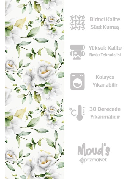 Yeşil Beyaz Gül Desenli Yuvarlak Süet Dertsiz Masa Örtüsü