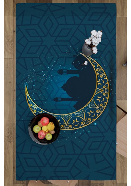 Ramazan Ay ve Camii Silüet Desenli Süet Kumaş Dertsiz Masa Örtüsü Kare ve Dikdörtgen Ramadan