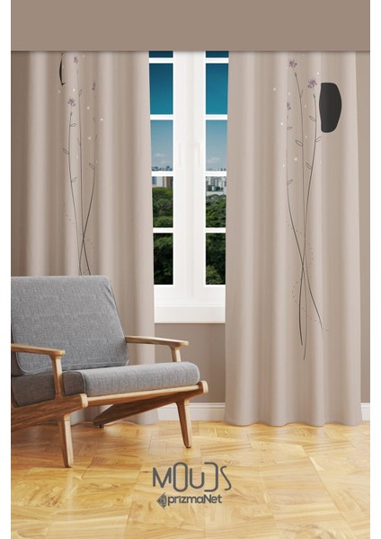 Bej Minimal Çiçek Desenli Süet Oturma Odası Salon Fon Perde Baskılı Ekstrafor Büzgü 2 Kanat PRD-1058