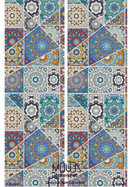Mosque Tiles 4 Desenli Süet Oturma Odası Salon Fon Perde Baskılı Ekstrafor Büzgü 2 Kanat PRD-1087