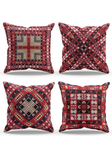 Çift Tarafı Baskılı Türkiye Kilim Desenli 4'lü Kombin Süet Kırlent Kılıfı