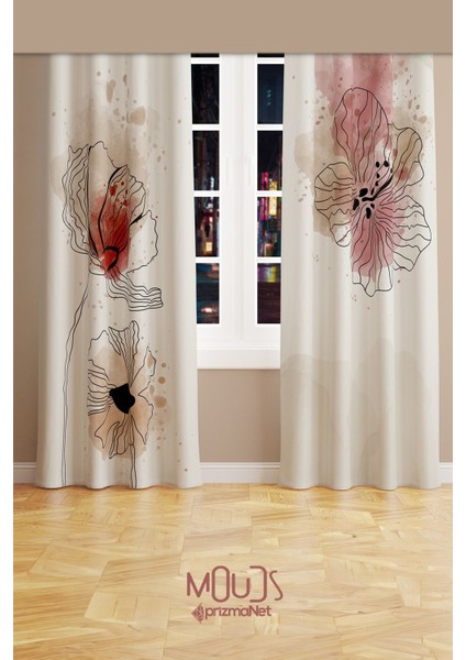 Art Flora Desenli Süet Oturma Odası Salon Fon Perde Baskılı Ekstrafor Büzgü 2 Kanat PRD-1029