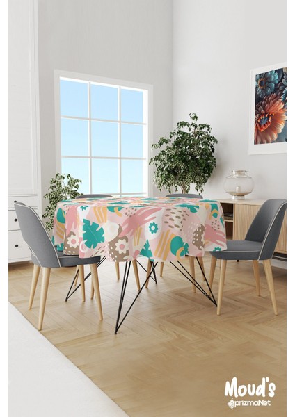 Pastel Çiçek ve Yaprak Desenli Yuvarlak Süet Dertsiz Masa Örtüsü