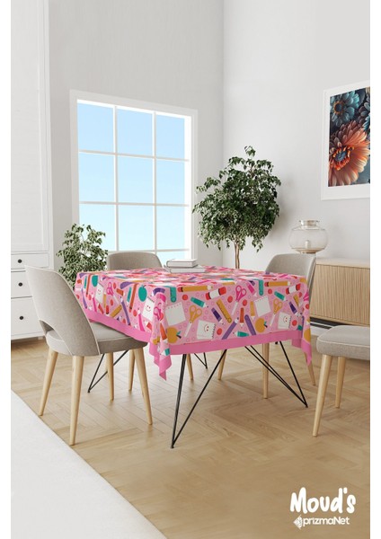 Pembe Kalem Kağıt Makas Desenli Süet Dertsiz Masa Örtüsü
