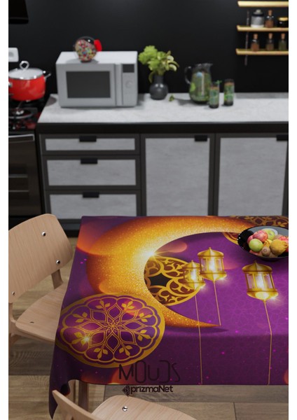 Ramazan Mor Ay Desenli Süet Kumaş Dertsiz Masa Örtüsü Kare ve Dikdörtgen Ramadan