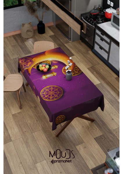 Ramazan Mor Ay Desenli Süet Kumaş Dertsiz Masa Örtüsü Kare ve Dikdörtgen Ramadan