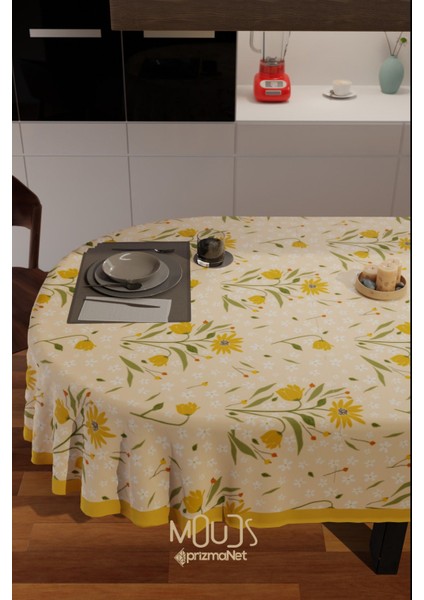 Camomile Papatya Desenli Süet Kumaş Dertsiz Oval Masa Örtüsü