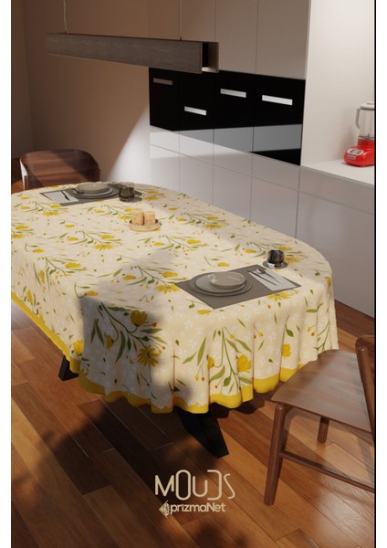 Camomile Papatya Desenli Süet Kumaş Dertsiz Oval Masa Örtüsü