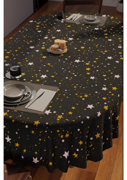 Siyah Yıldız Desenli Süet Kumaş Dertsiz Oval Masa Örtüsü modelleri