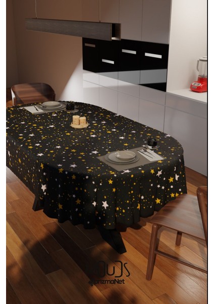 Siyah Yıldız Desenli Süet Kumaş Dertsiz Oval Masa Örtüsü fırsatları