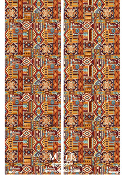 Ethnic Rugs Desenli Süet Oturma Odası Salon Fon Perde Baskılı Ekstrafor Büzgü 2 Kanat PRD-1019