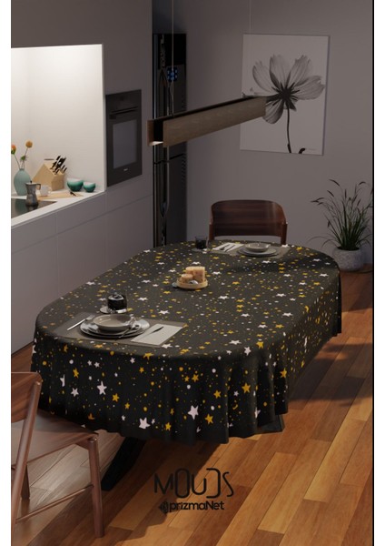 Siyah Yıldız Desenli Süet Kumaş Dertsiz Oval Masa Örtüsü