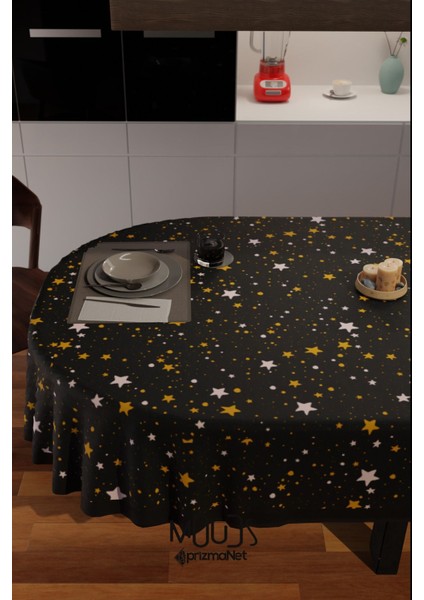 Siyah Yıldız Desenli Süet Kumaş Dertsiz Oval Masa Örtüsü fiyatları