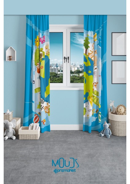 Dünya Hayvanlar Desenli Fon Perde Çocuk ve Bebek Odası Süet Baskılı Ekstrafor Büzgü 2 Kanat Prd-66 fiyatları