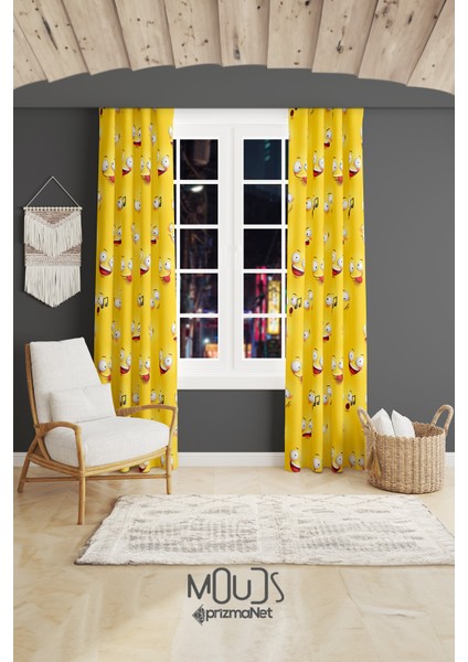 Sarı Emoji Desenli Fon Perde Genç Odası Oturma Odası Süet Baskılı Ekstrafor Büzgü 2 Kanat PRD-2014