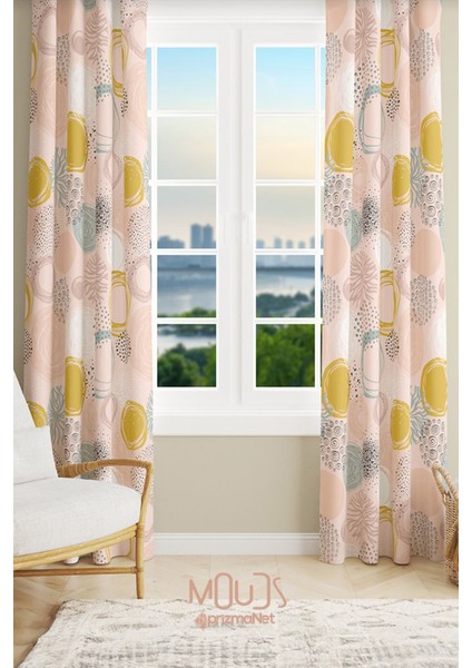 Xero Floral 1 Desenli Süet Oturma Odası Salon Fon Perde Baskılı Ekstrafor Büzgü 2 Kanat PRD-1081