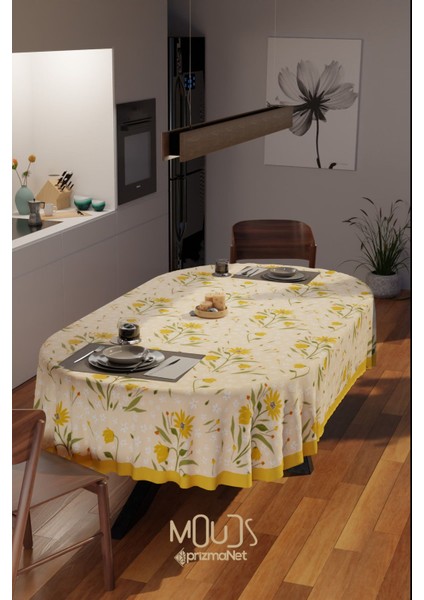 Camomile Papatya Desenli Süet Kumaş Dertsiz Oval Masa Örtüsü