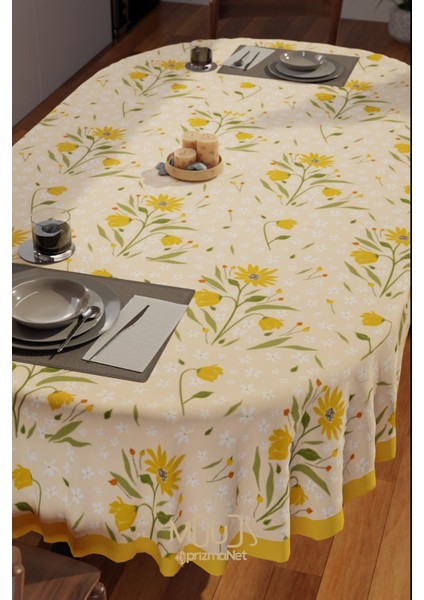 Camomile Papatya Desenli Süet Kumaş Dertsiz Oval Masa Örtüsü modelleri