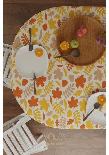 Sonbahar Yaprakları Desenli Süet Kumaş Dertsiz Oval Masa Örtüsü modelleri