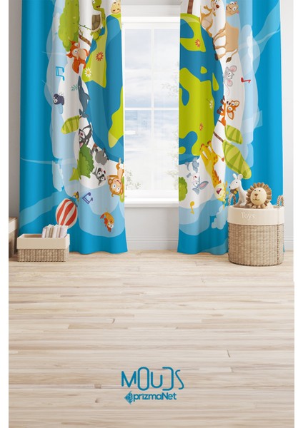 Dünya Hayvanlar Desenli Fon Perde Çocuk ve Bebek Odası Süet Baskılı Ekstrafor Büzgü 2 Kanat Prd-66