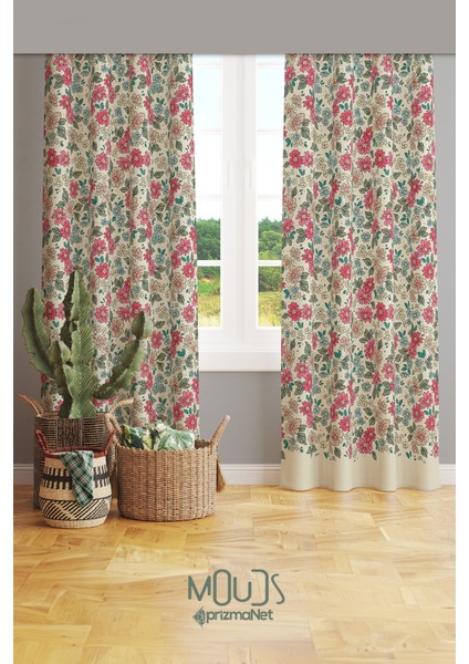 Retro Çiçek Desenli Süet Oturma Odası Salon Fon Perde Baskılı Ekstrafor Büzgü 2 Kanat PRD-1038