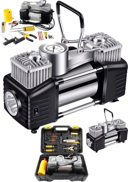 Yüksek Performanslı Çelik Gövdeli Çift Piston 12 V 150 Psı Dk 85LT Araba Lastik Bot Şişirme Makines