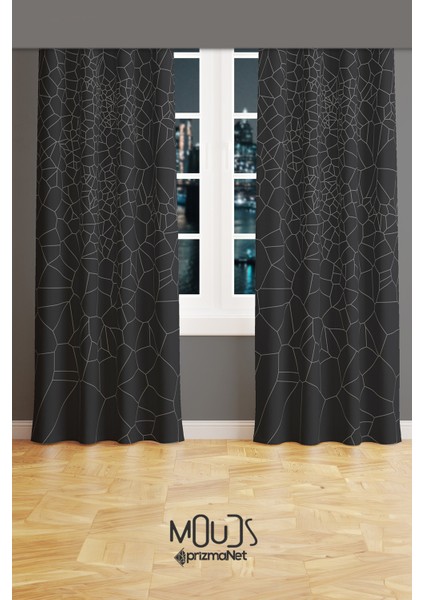 Grey Crystal Desenli Süet Oturma Odası Salon Fon Perde Baskılı Ekstrafor Büzgü 2 Kanat PRD-1079