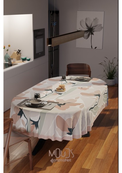 Mirror Flowers Çiçek Desenli Süet Kumaş Dertsiz Oval Masa Örtüsü