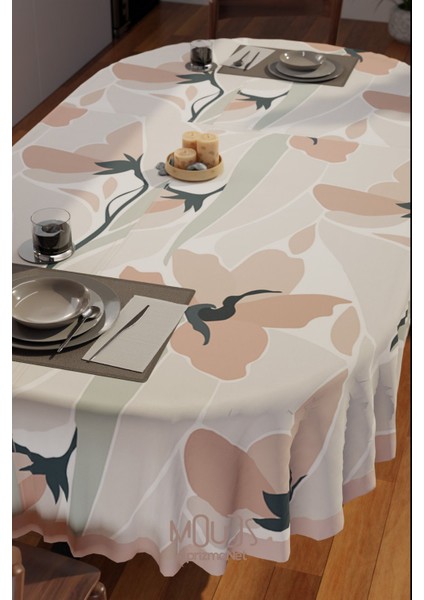 Mirror Flowers Çiçek Desenli Süet Kumaş Dertsiz Oval Masa Örtüsü modelleri