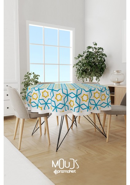 Mavi Sarı Islamik Desenli Süet Kumaş Dertsiz Yuvarlak Masa Örtüsü