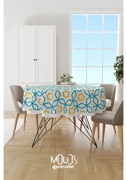 Mavi Sarı Islamik Desenli Süet Kumaş Dertsiz Yuvarlak Masa Örtüsü fiyatları