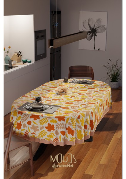 Sonbahar Yaprakları Desenli Süet Kumaş Dertsiz Oval Masa Örtüsü