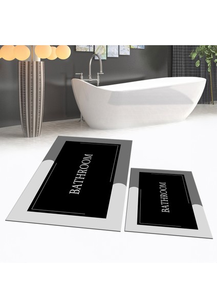 Dijital Baskılı Kaymaz Taban Yıkanabilir Ikili Banyo Paspas Klozet Takımı, V-Klozet-02-Siyah,
