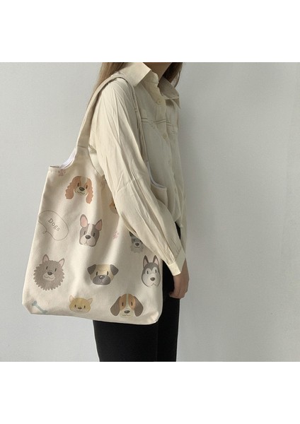 Köpek Illüstrasyon Tuval Çanta Kadın Omuz Retro Ulzzang Çanta Ins (Yurt Dışından)