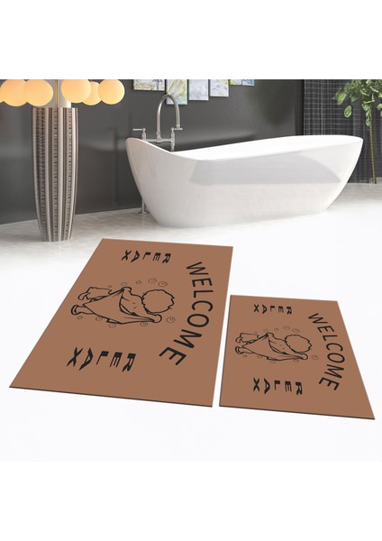 Dijital Baskılı Kaymaz Taban Yıkanabilir Ikili Banyo Paspas Klozet Takımı, V-Klozet-11-Kahve,