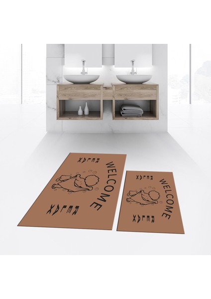 Dijital Baskılı Kaymaz Taban Yıkanabilir Ikili Banyo Paspas Klozet Takımı, V-Klozet-11-Kahve,