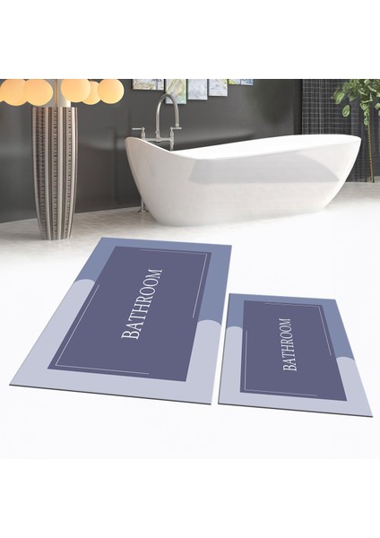 Dijital Baskılı Kaymaz Taban Yıkanabilir Ikili Banyo Paspas Klozet Takımı, V-Klozet-02-Mavi,