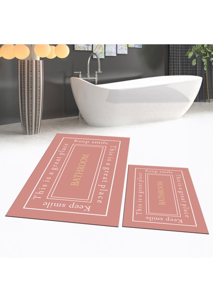 Dijital Baskılı Kaymaz Taban Yıkanabilir Ikili Banyo Paspas Klozet Takımı, V-Klozet-05-Pembe,